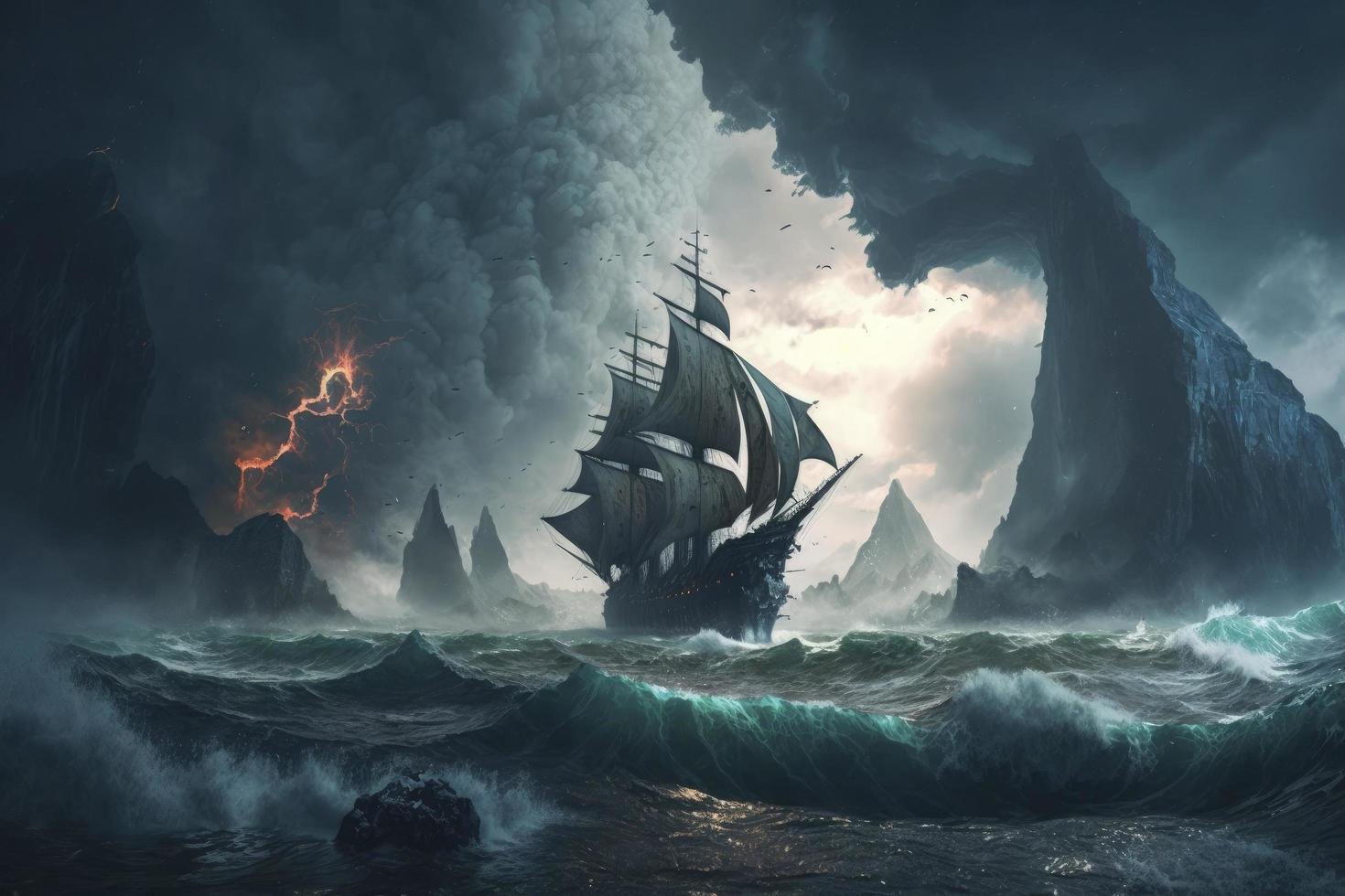 en fartyg i de mitten av de hav med en storm närliggande, en matt målning foto