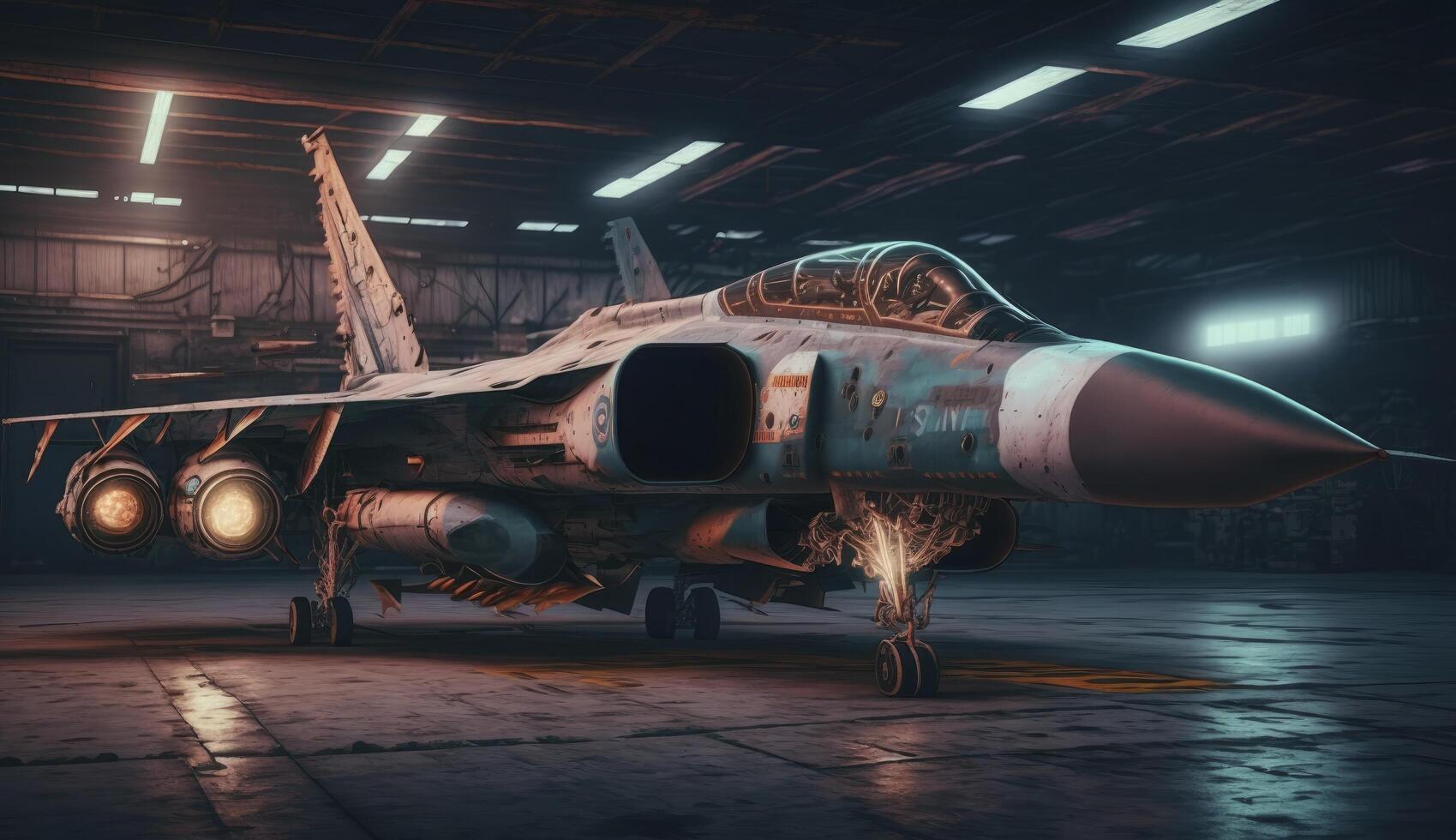 interiör se av en generisk militär kämpe jet parkerad inuti en militär kasern eller hangar som bred baner med copy område för värld krig konflikt och luft tvinga begrepp - generativ ai foto