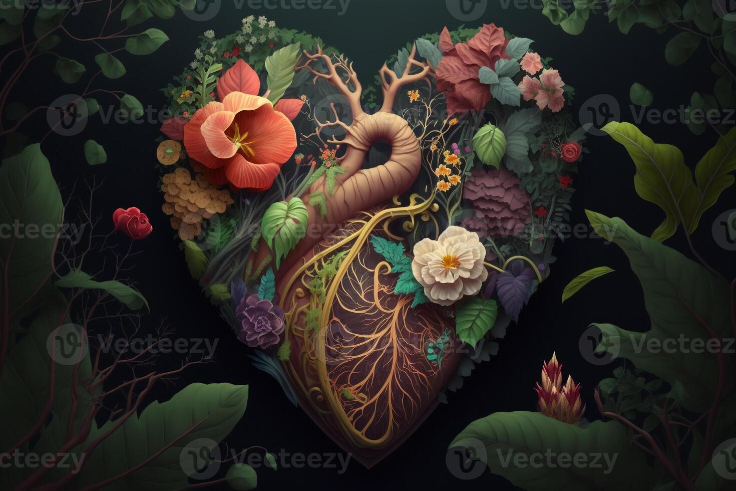 en hjärta den där är omgiven förbi en trädgård av blomning blommor och vibrerande växter, med vinstockar och löv den där verka till växa ut av de organ sig och framkalla känslor av tillväxt och förnyelse. ai genererad foto