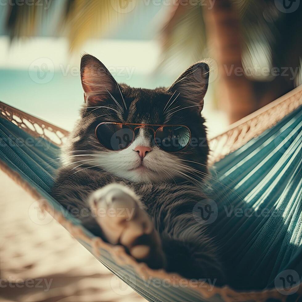 söt katt liggande i hängmatta på strand med handflatan träd. söt katt på semester liggande i hängmatta på strand med handflatan träd. generativ ai. foto