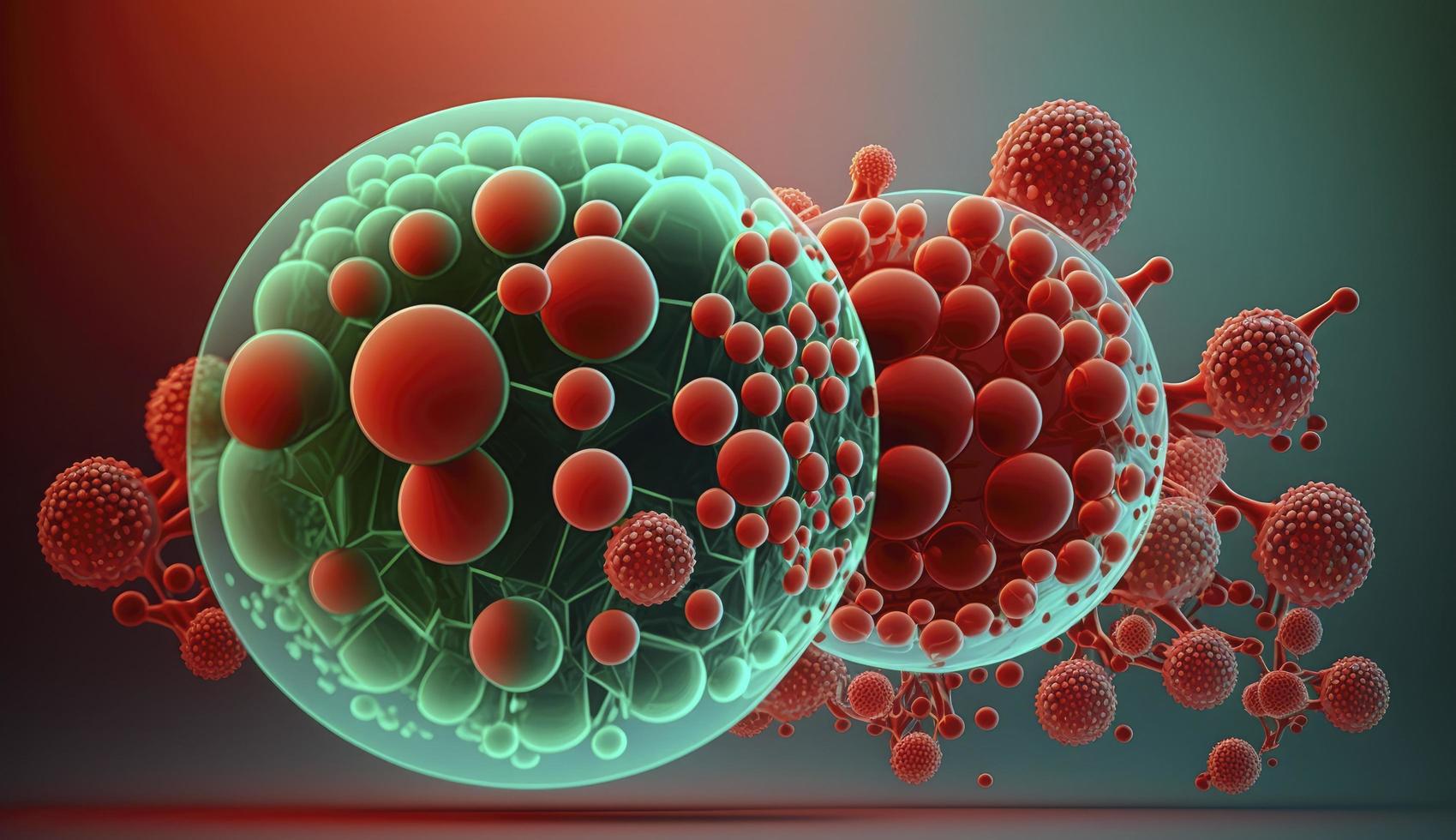 3d tolkning av mänsklig cell eller embryonala stam cell, röd cancer celler, röd virus, virus eller bakterie celler, mänsklig cancer cell, 3d illustration av t celler eller cancer celler, generera ai foto