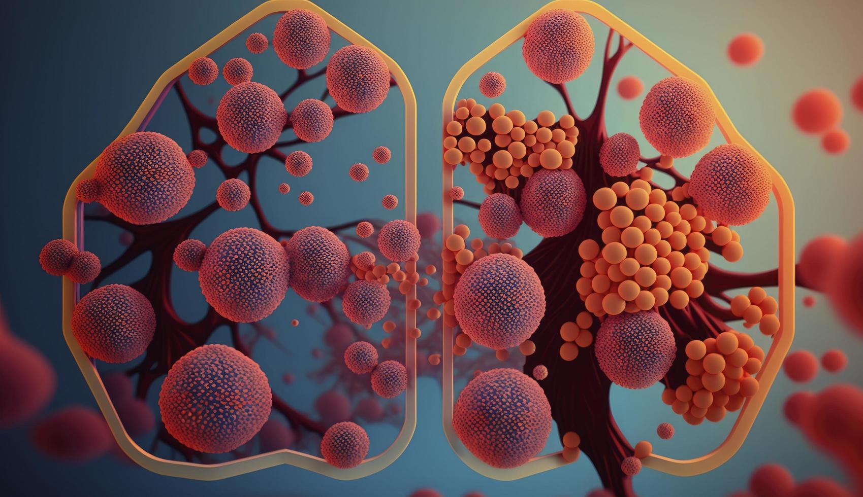 3d tolkning av mänsklig cell eller embryonala stam cell, röd cancer celler, röd virus, virus eller bakterie celler, mänsklig cancer cell, 3d illustration av t celler eller cancer celler, generera ai foto