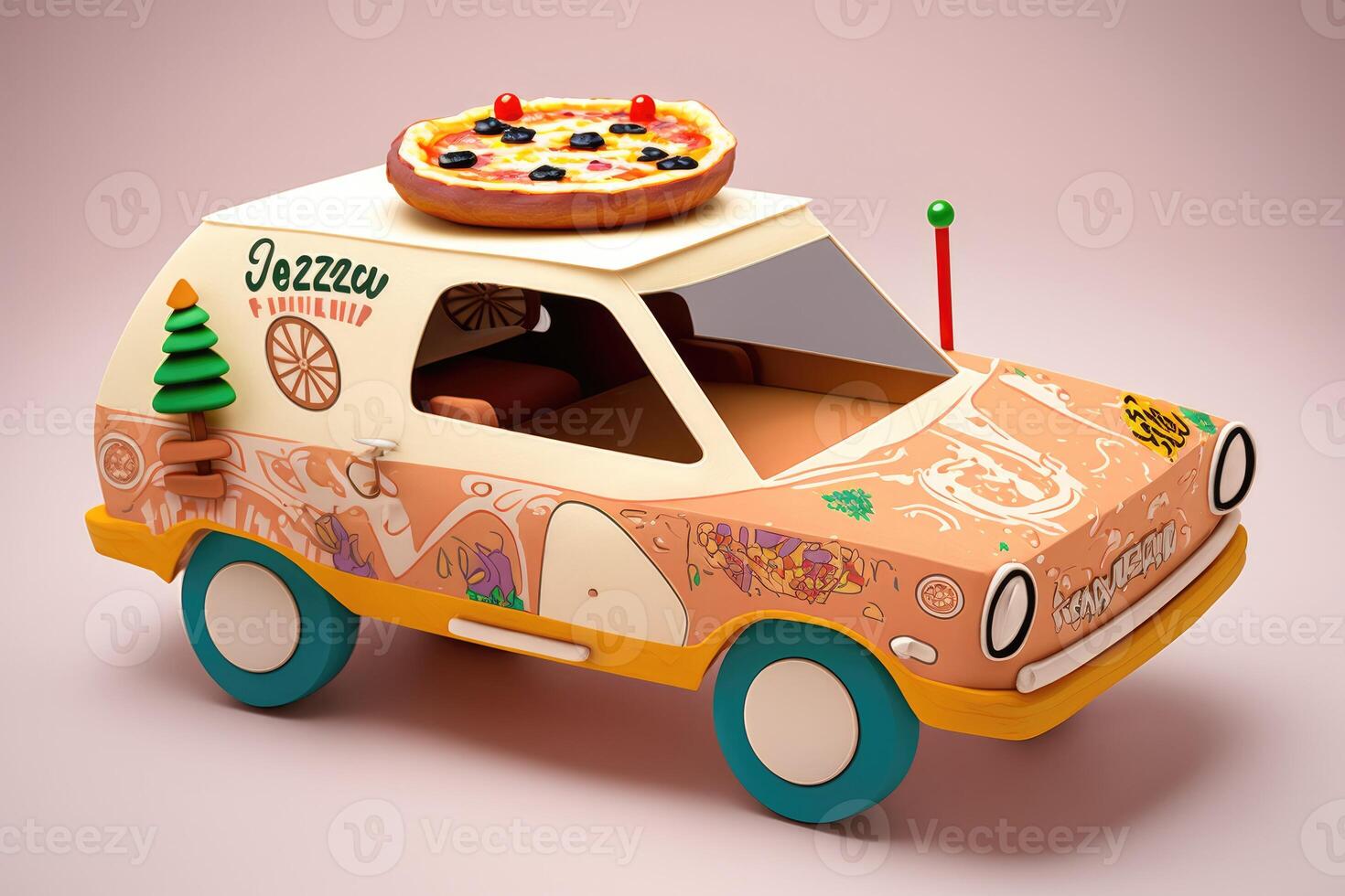 ai genererad pizza leverans. pizza som snabb mat bil. maskot pizza bil design. logotyp för restaurang eller Kafé. gata mat festival symbol med pizza i tecknad serie stil. foto