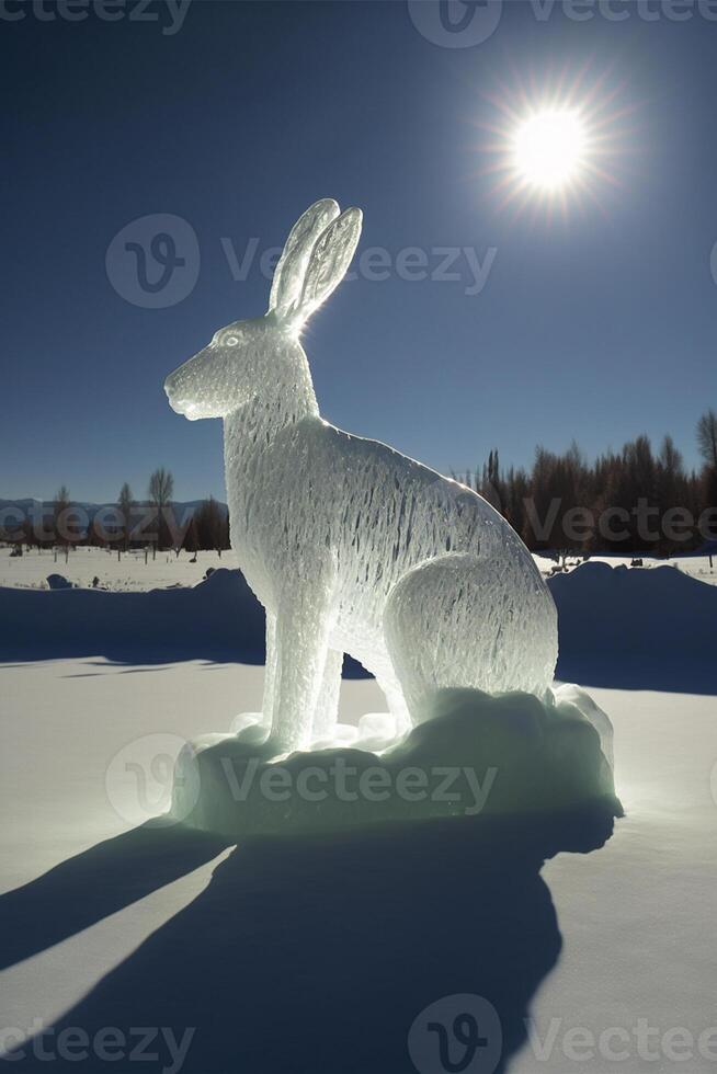 skulptur av en kanin Sammanträde i de snö. generativ ai. foto