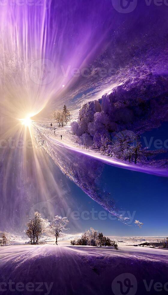 de Sol lyser ljust över en snöig landskap. generativ ai. foto
