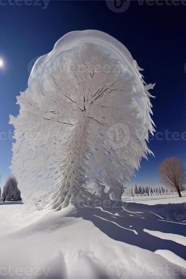 snö täckt träd i de mitten av en fält. generativ ai. foto