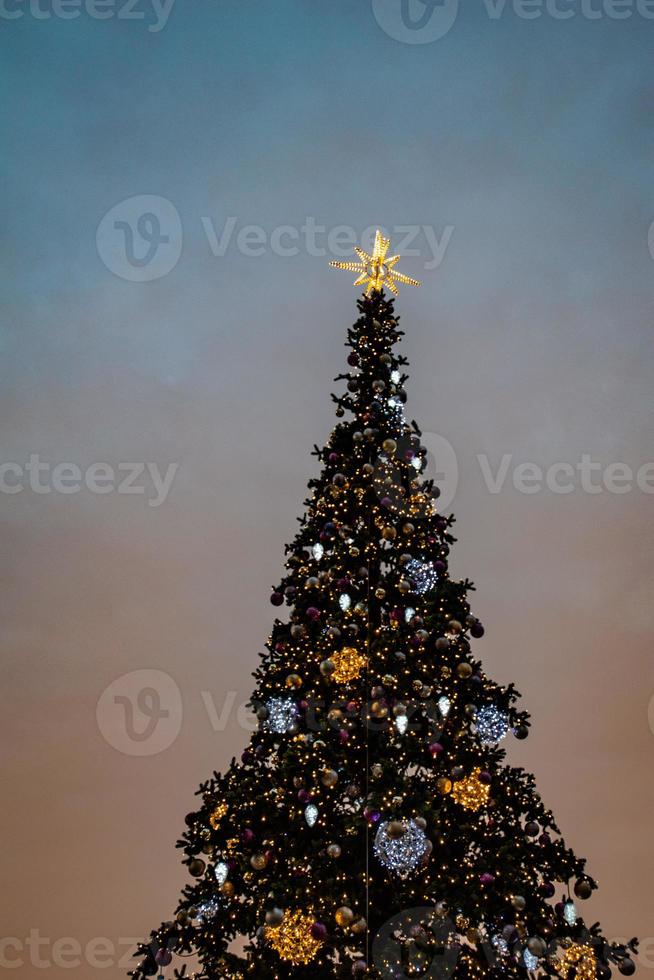 färgrik jul träd skimrande mot de bakgrund av de kväll pastell himmel foto