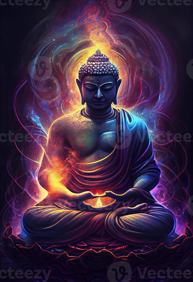 generativ ai illustration av buddha, aura av energi, overkligt fantasi, ljus blinkar, skön ljus spektrum, ljus vit lotus blomma, brinnande molnliknande kronblad, havsvatten. foto