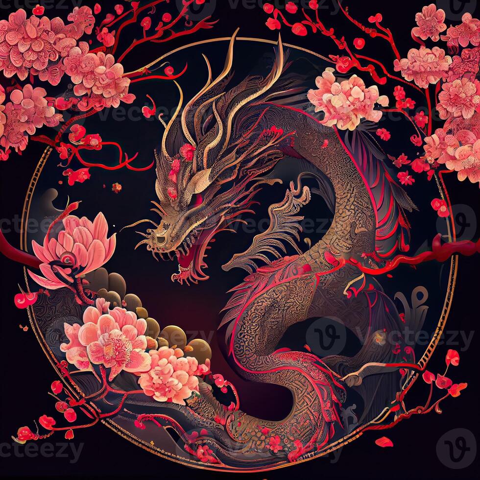 generativ ai illustration av kinesisk drake, astral bakgrund, kinesisk zodiaken bakgrund, körsbär blomma, blommor, kinesisk ny år. foto