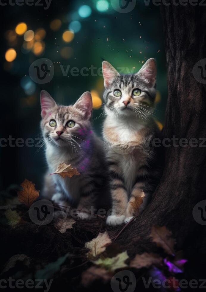 porträtt av förtjusande kattungar Sammanträde med träd generativ ai foto