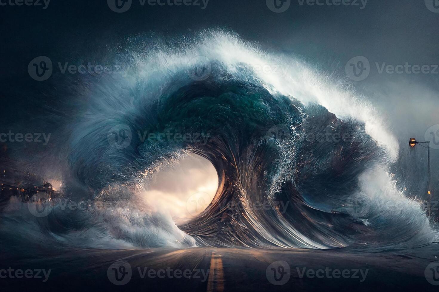 en jätte storm, en tsunami träffar de stad på natt. generativ ai foto