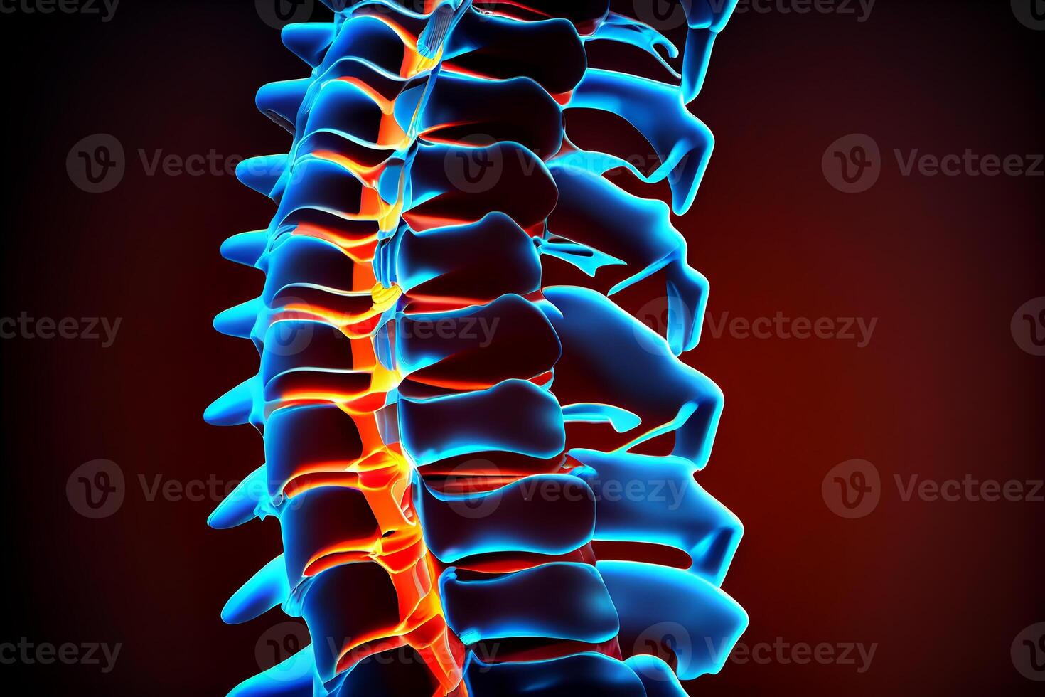 röntgen av en personens ryggrad med de ryggrad område upplyst. generativ ai foto