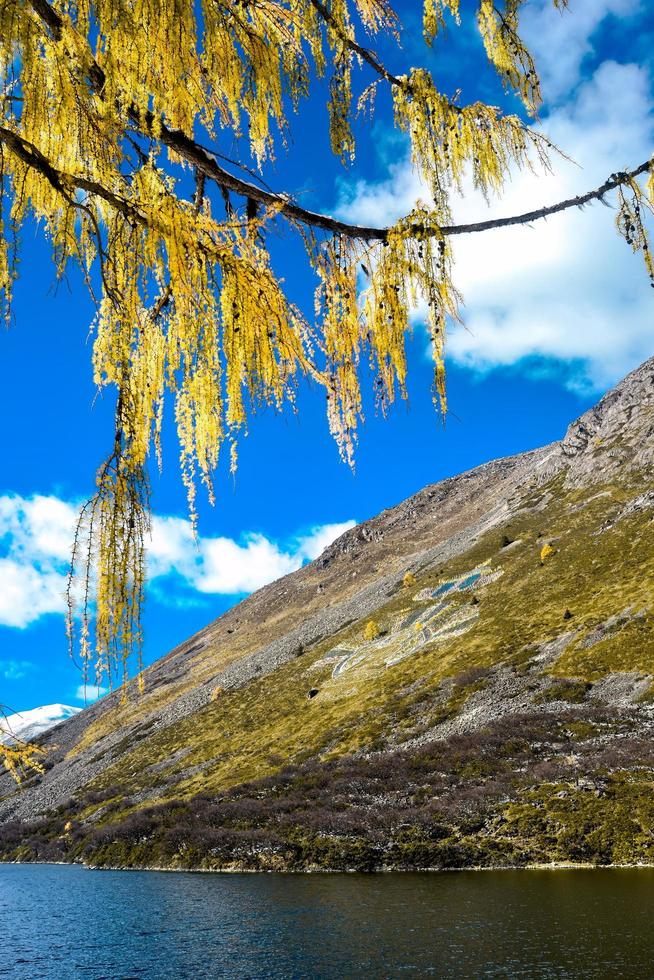 spektakulär landskap i de hög bergen av Västra Sichuan, Kina, med annorlunda säsonger foto