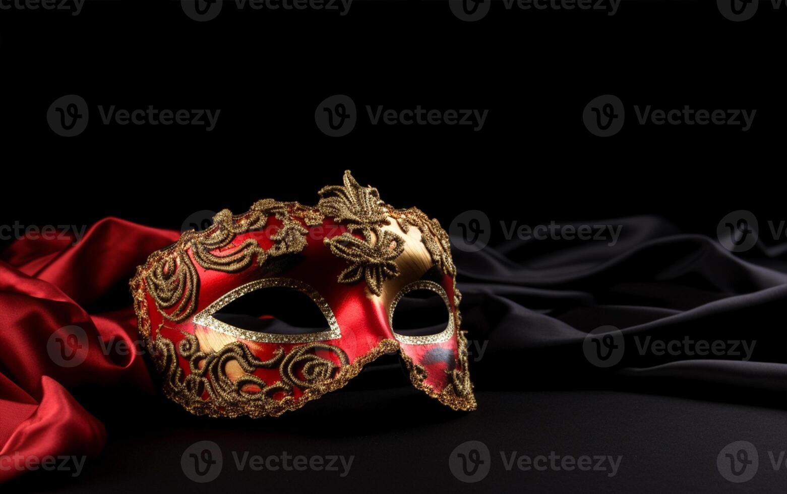 venetian mask i guld och röd Färg på röd silke ai generativ foto