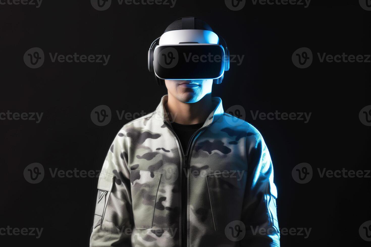 en man bär en virtuell verklighet headsetet med neon ljus. ai genererad foto