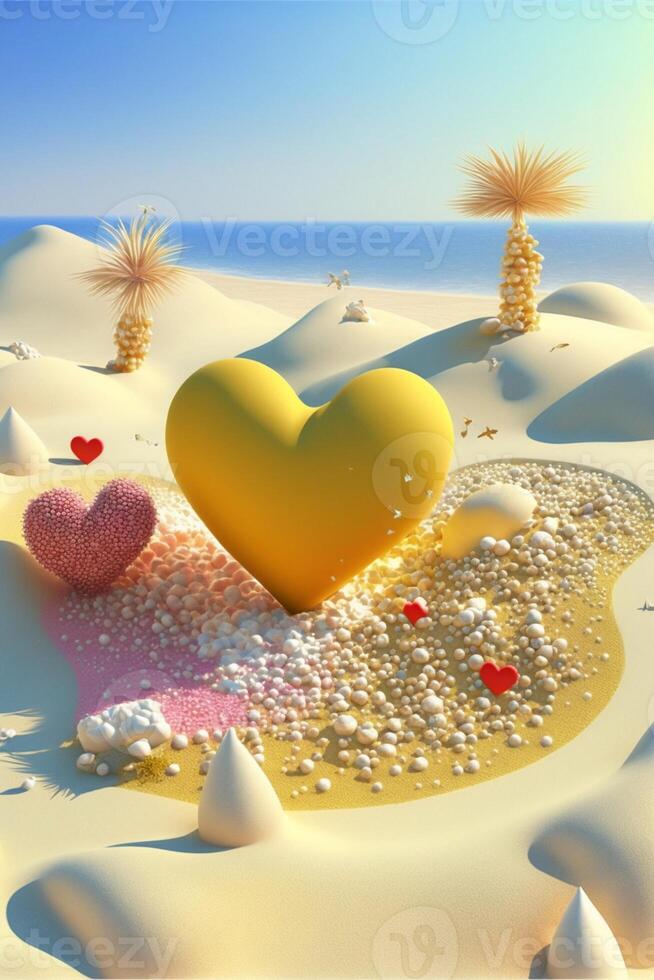 gul hjärta Sammanträde på topp av en sandig strand. generativ ai. foto