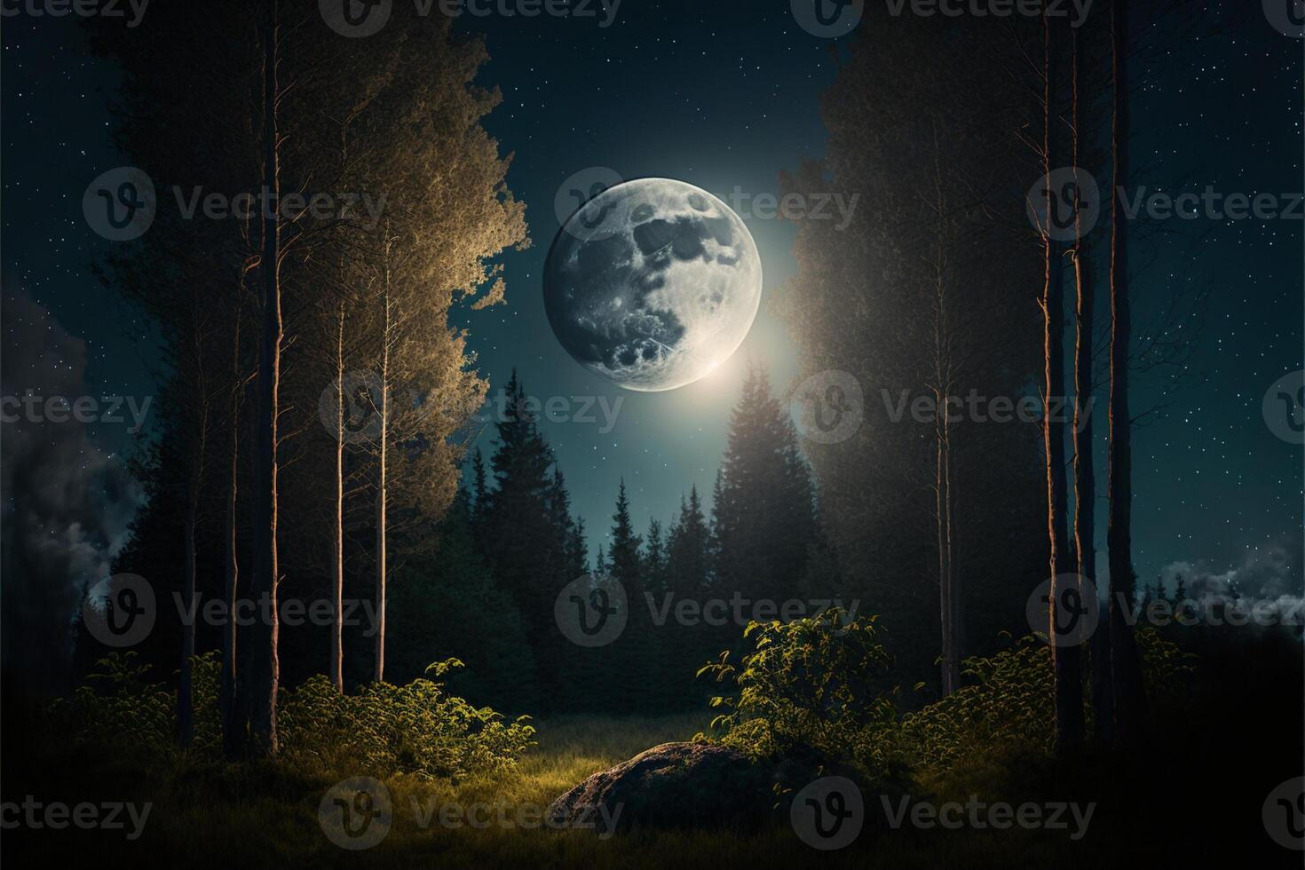 skog med rise mellan de träd kväll himmel måne. generativ ai foto