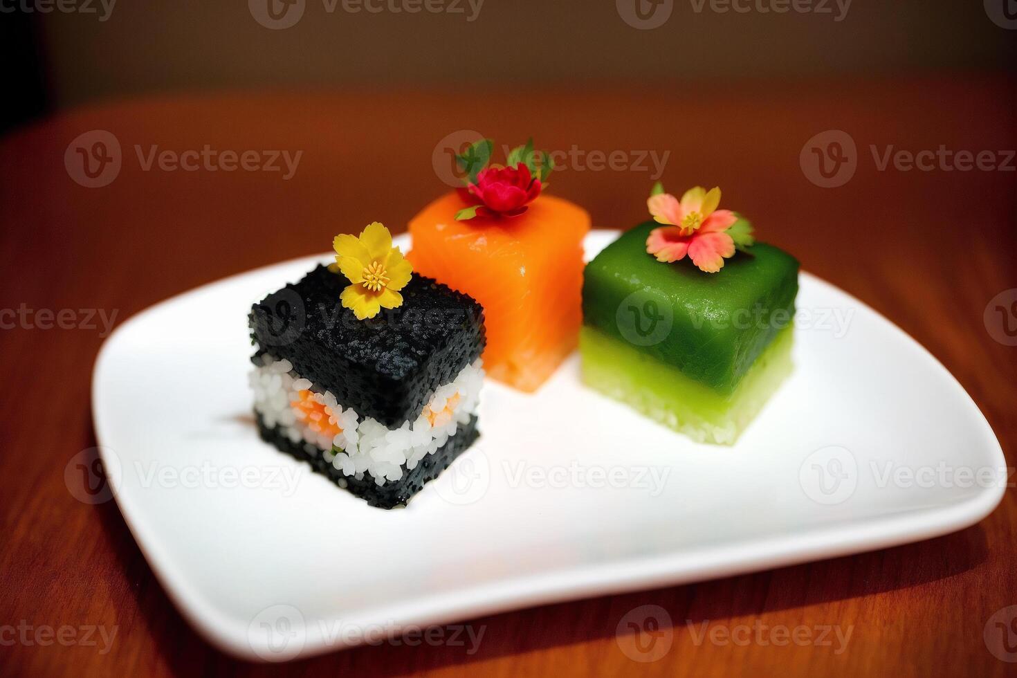 japansk kök. sushi och rullar på de tabell i de restaurang. generativ ai foto