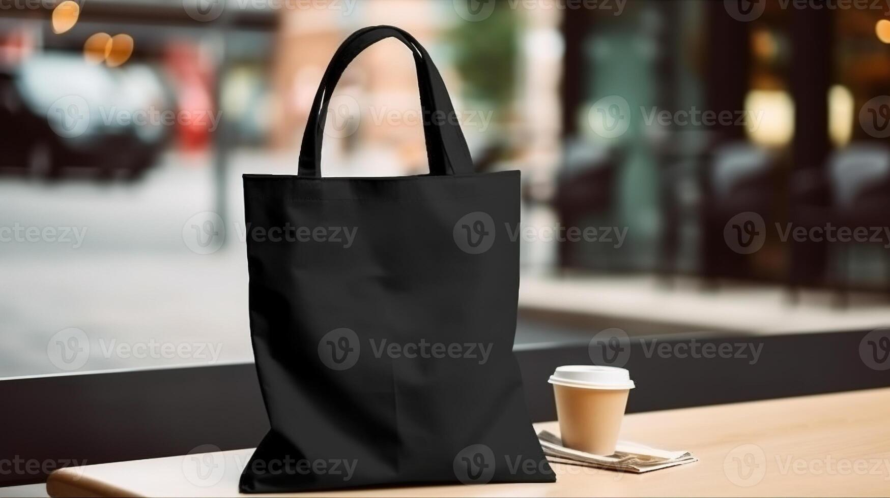 generativ ai, realistisk svart toto duk tyg väska uppstart i på interiör eller utomhus, shopper falsk upp tom. foto