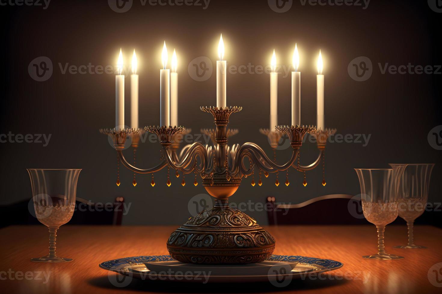 hanukkah menora på jewish traditionell festlig tabell. neuralt nätverk genererad konst foto