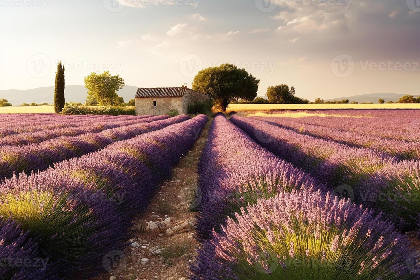 lavendel- landskap i de stil av provence. välskött rader av lavendel- på solnedgång. generativ ai foto