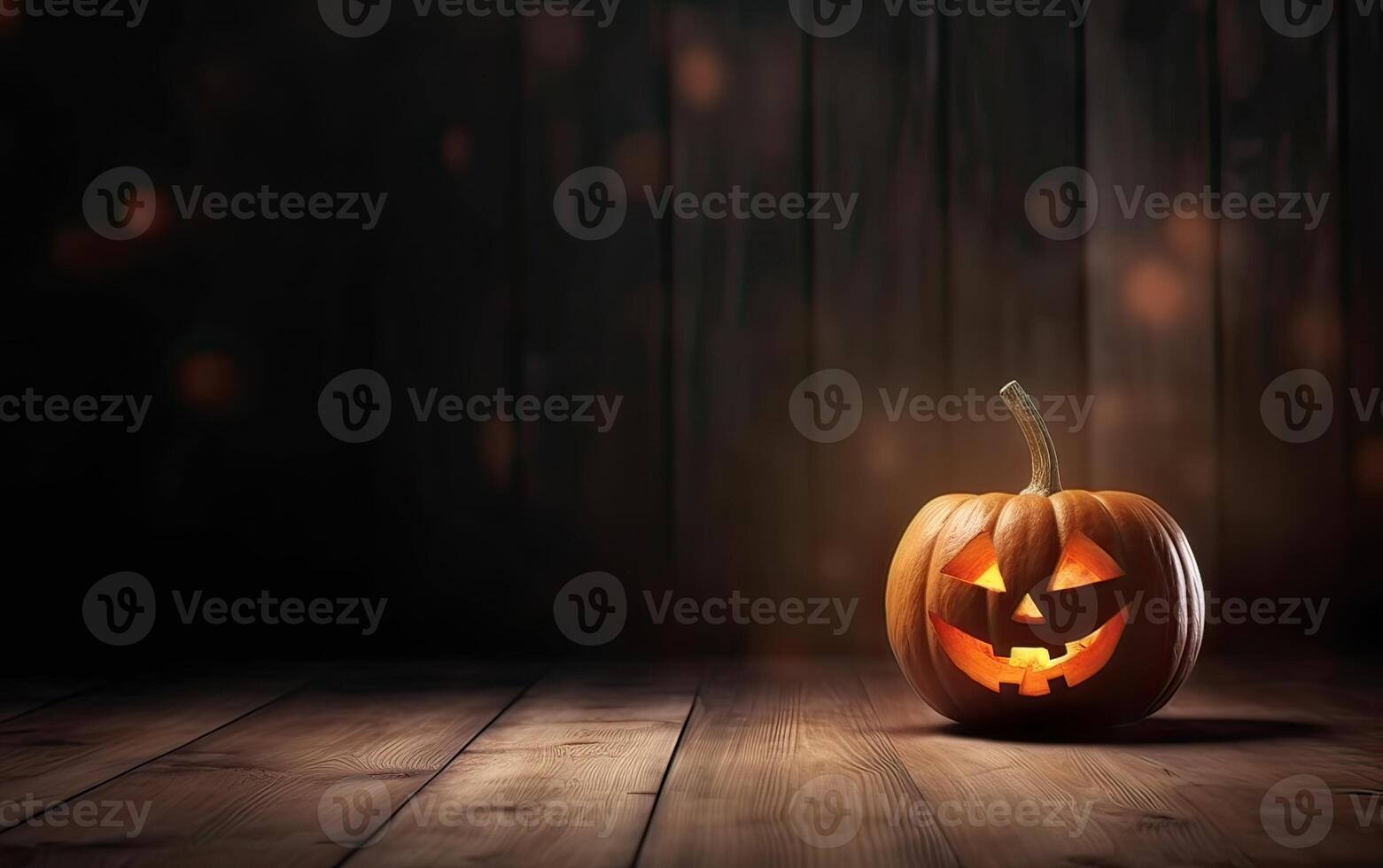 läskigt halloween pumpa, domkraft o lykta, med ett ondska ansikte och ögon på en trä- bänk, tabell med en dimmig natt bakgrund med Plats för produkt placering. generativ ai. foto