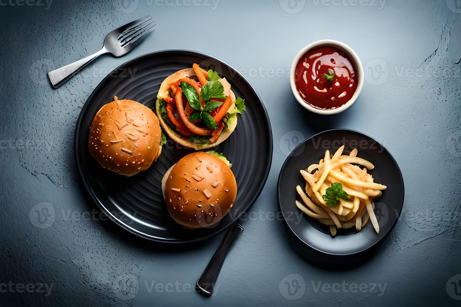 hemlagad hamburgare med tomat sås och franska frites på svart bakgrund.ai generativ foto