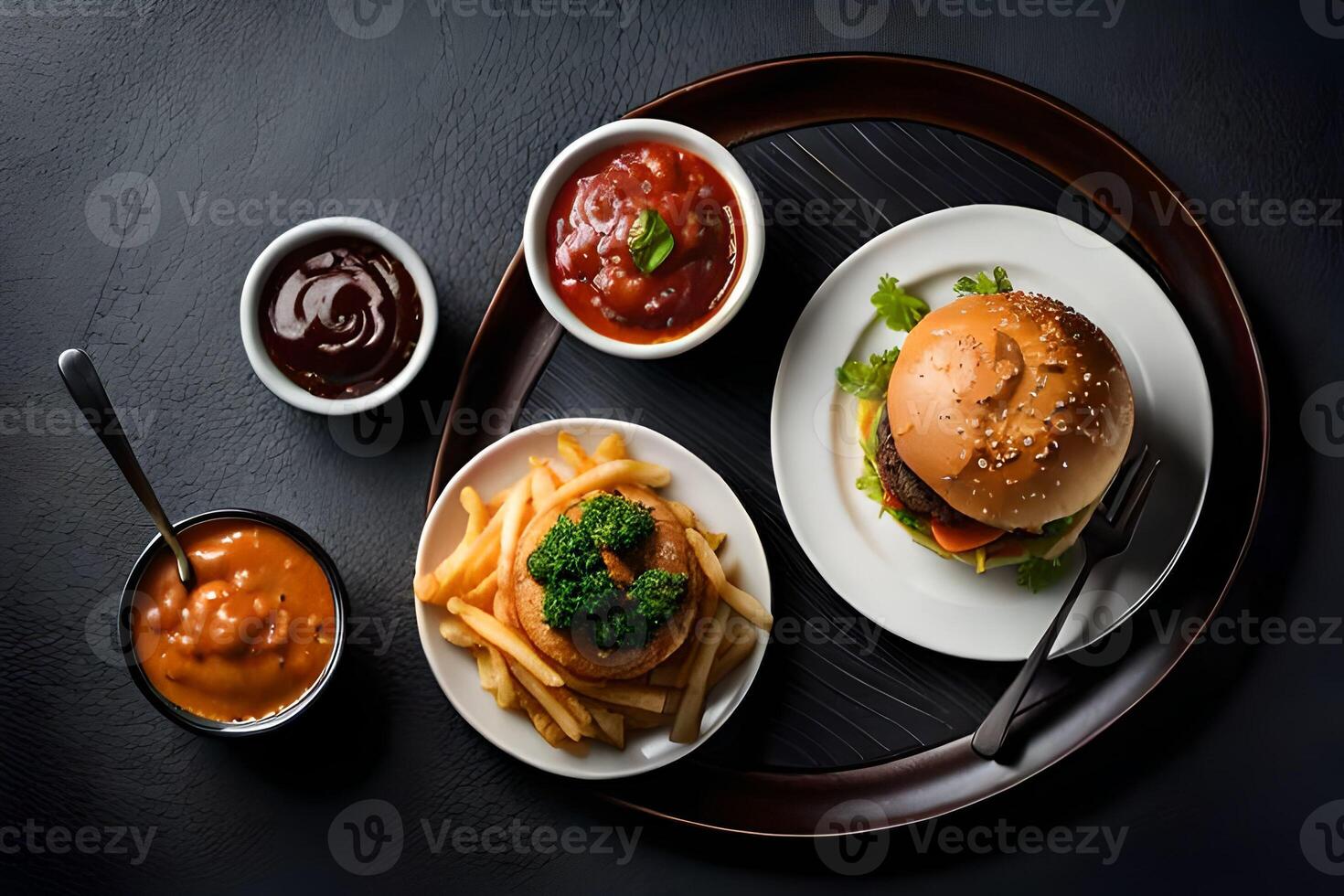 hamburgare, franska pommes frites, och såser på en svart bakgrund topp se. ai generativ foto