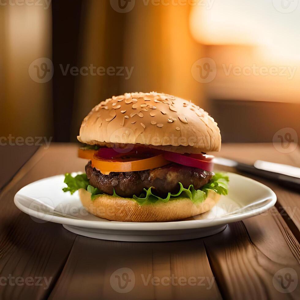 utsökt hamburgare på trä- tabell, närbild, grund djup av fält. ai generativ foto