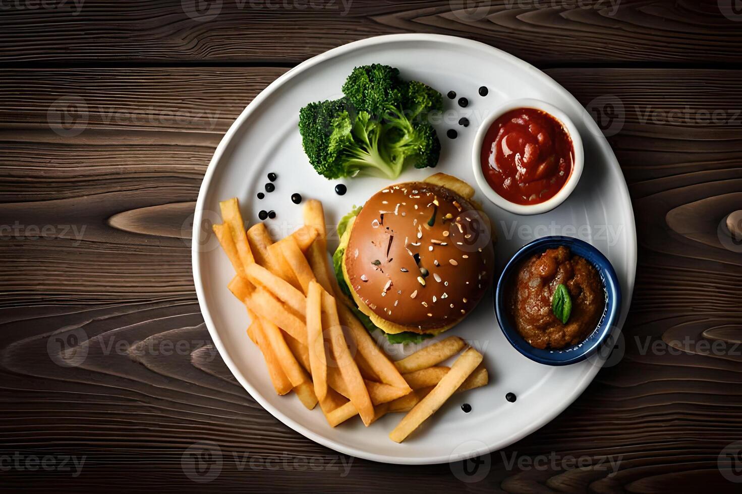 hamburgare med franska frites och sås på en trä- tabell. topp se. ai generativ foto