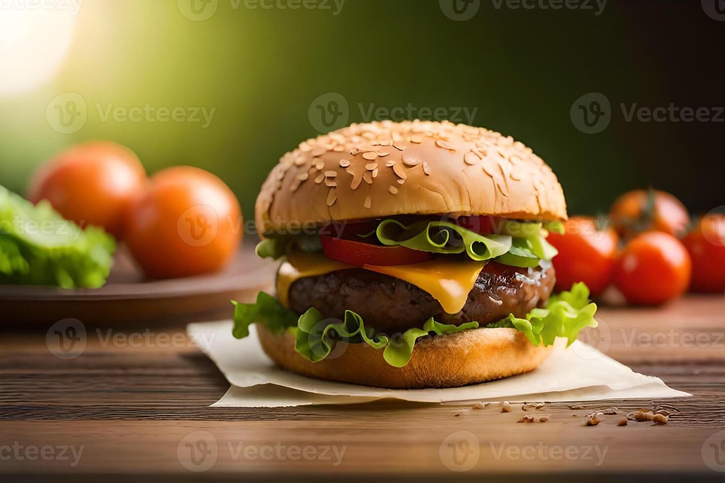 utsökt hamburgare med färsk grönsaker på en trä- tabell. ai generativ foto