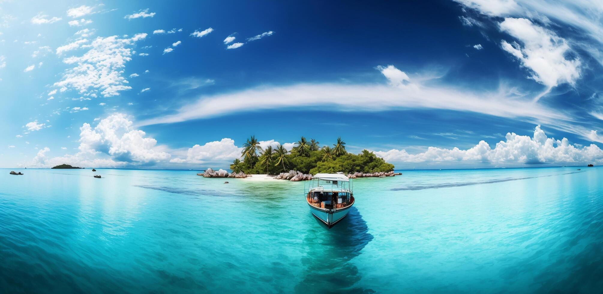 de landskap av tropisk hav och ö med en båt och ai genererad. foto