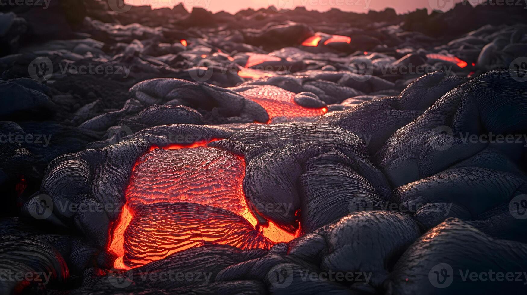 röd lava på en svart vulkanisk jord. ai generativ foto