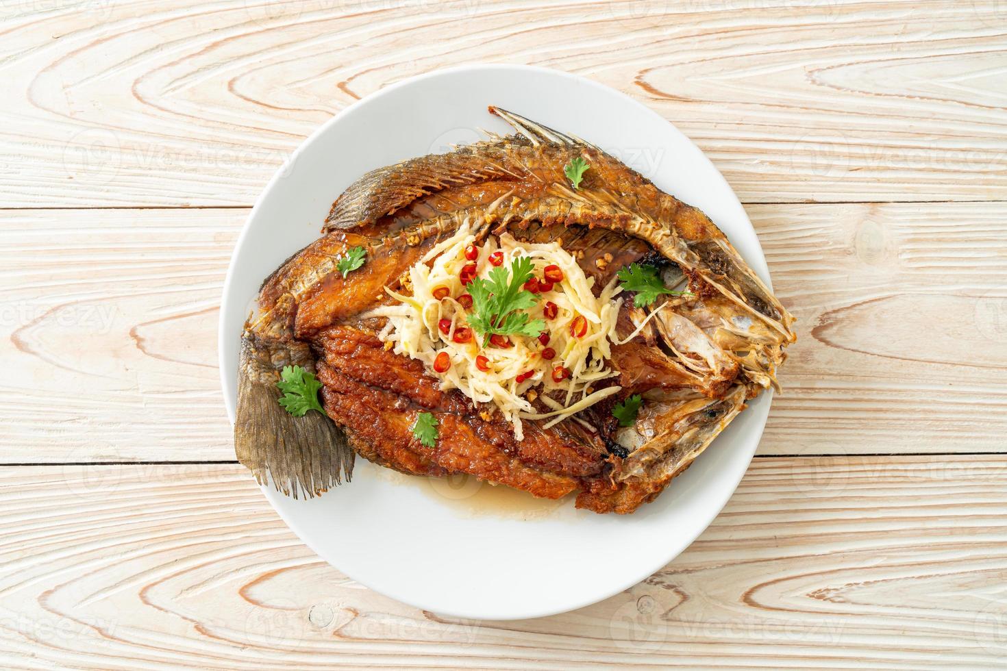 stekt havsabborre fisk med fisksås och kryddig sallad foto