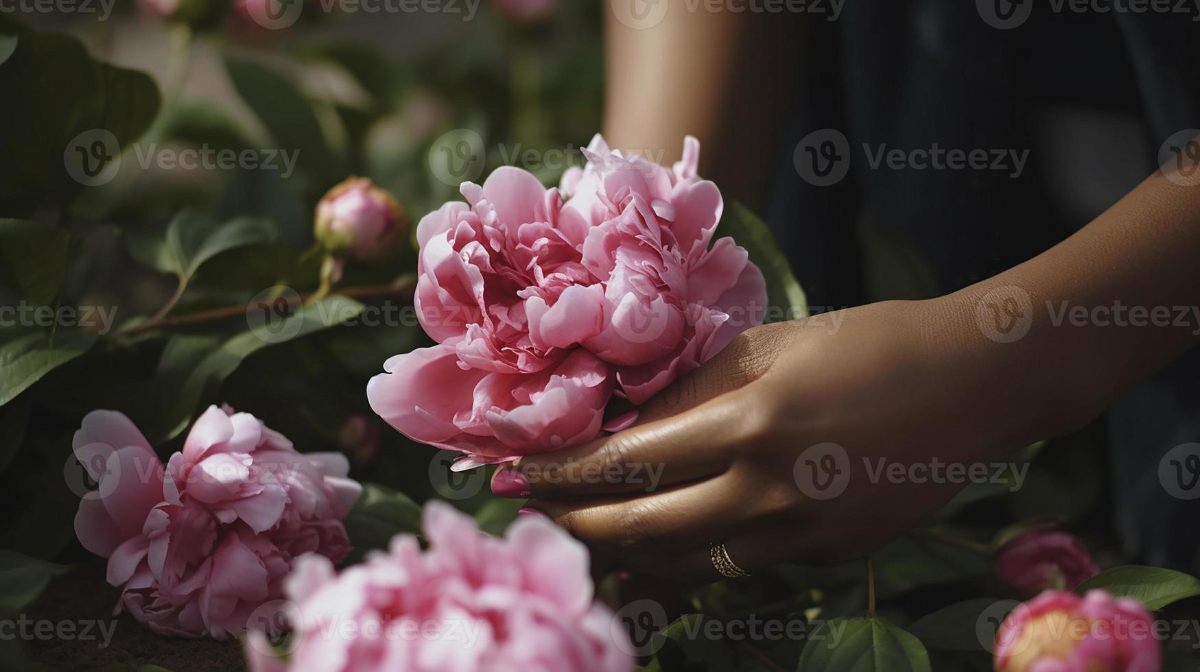 afrikansk amerikan kvinna arrangera en bukett med rosa pioner foto