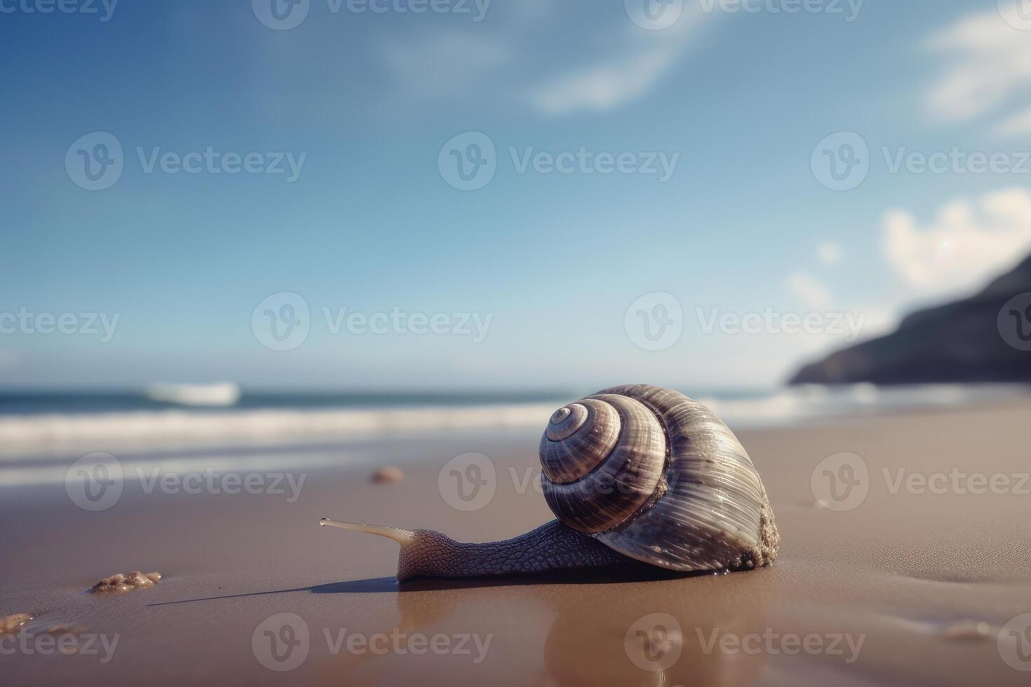 hav snigel på tropisk hav och sandig strand blå himmel bakgrund. skapas generativ ai foto