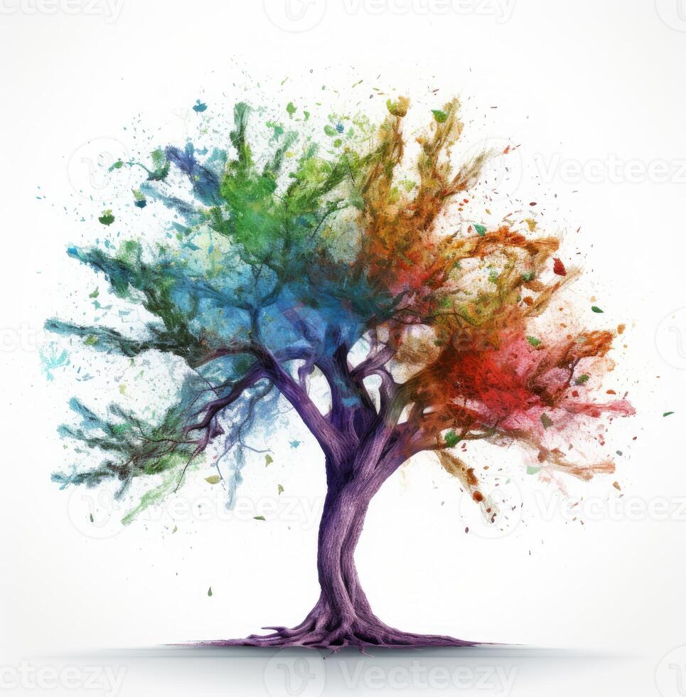 abstrakt träd med rötter och färgrik löv. isolerat på vit bakgrund. platt stil, vektor illustration. generativ ai. foto
