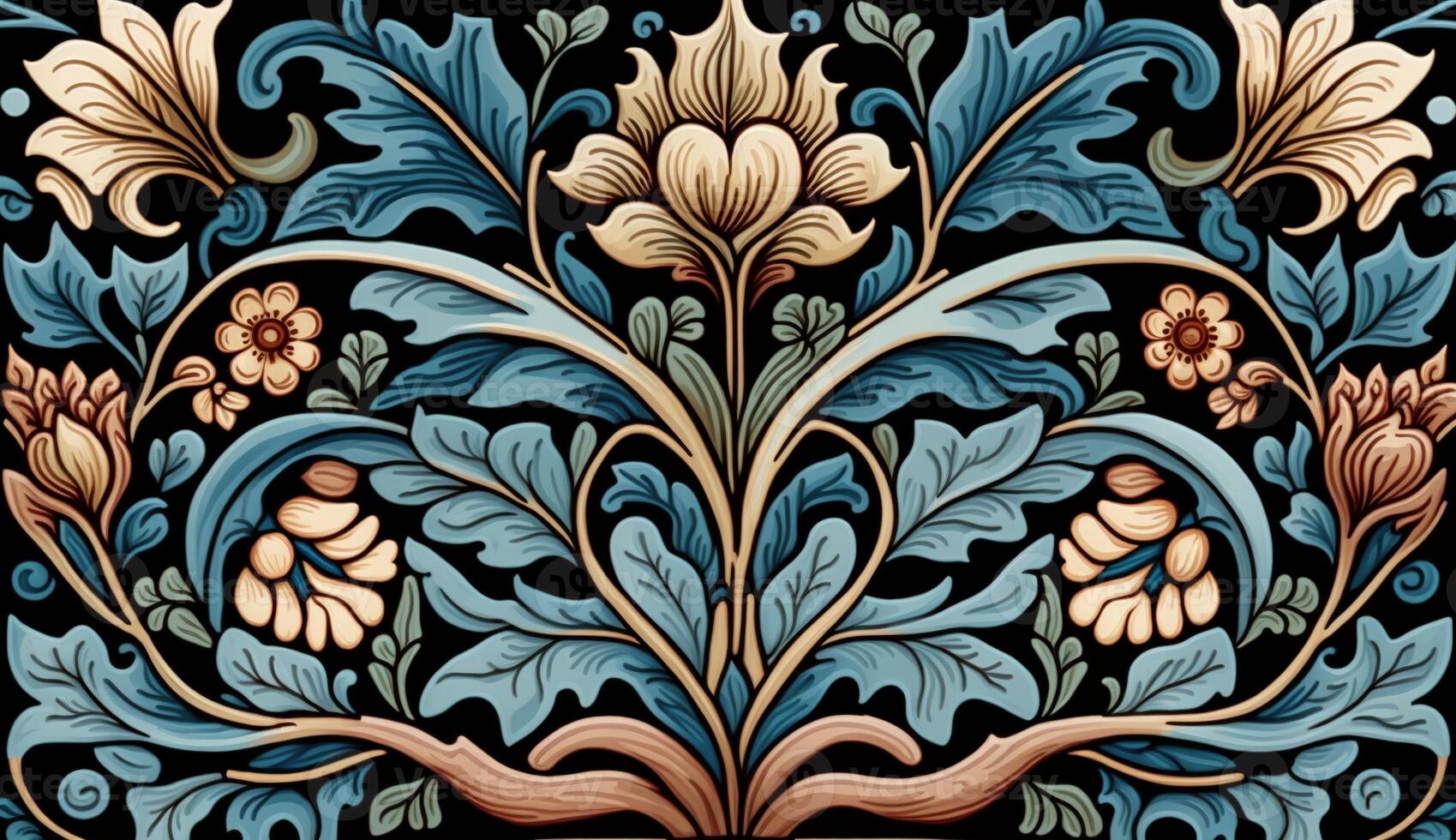 generativ ai, blommig färgrik mönster. william morris inspirerad naturlig växter och blommor bakgrund, årgång illustration. folk stil foto