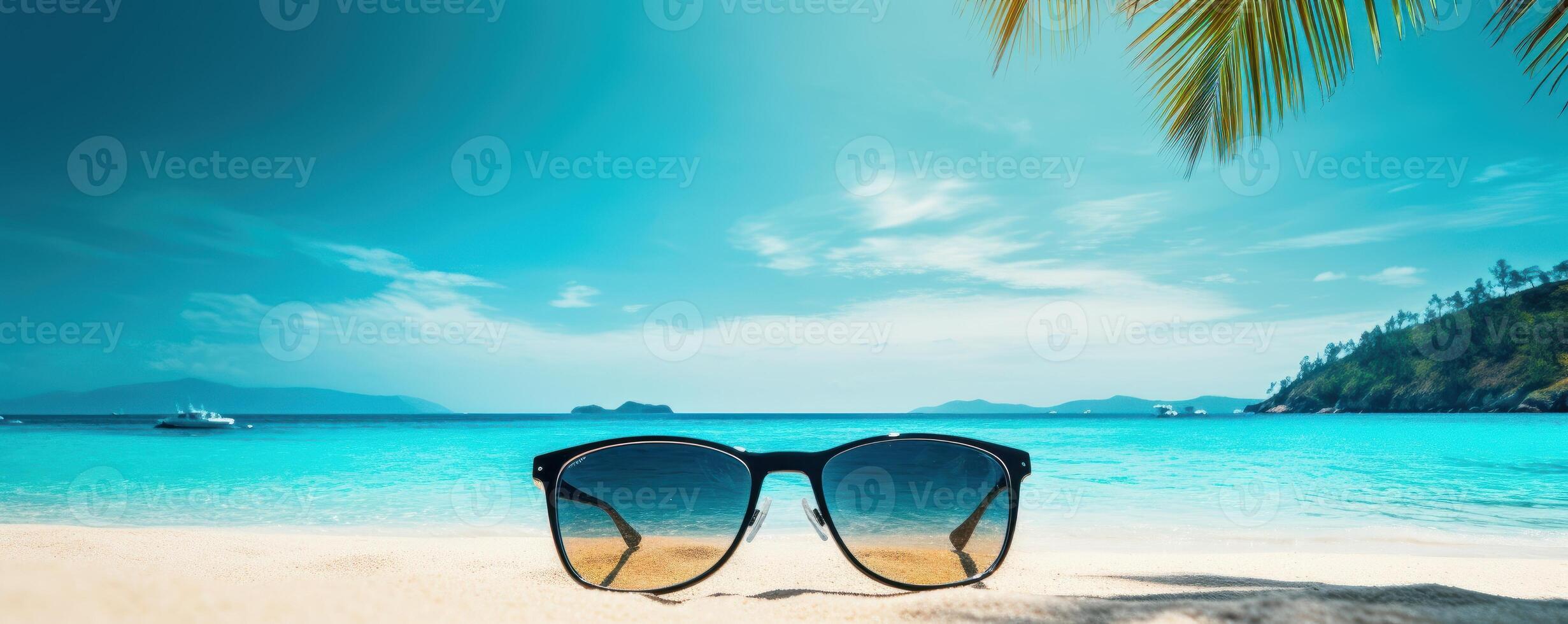 panorama tropisk hav och sandig strand med blå himmel bakgrund. generativ ai foto