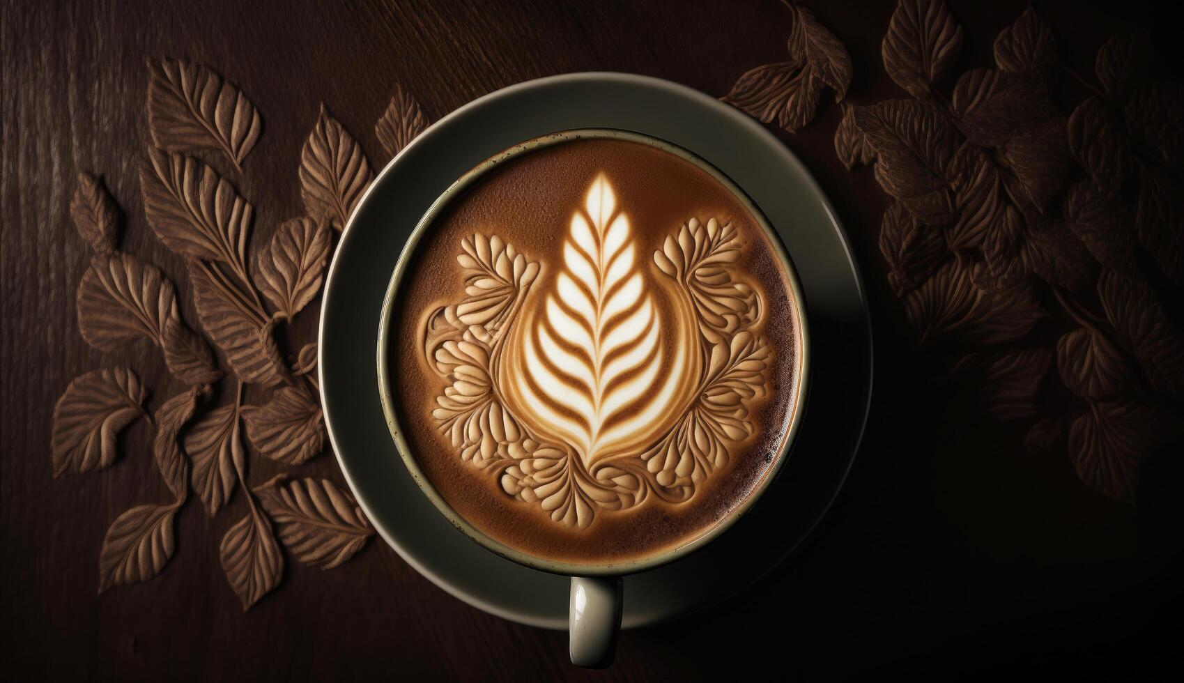 kaffe latte med krämig och skum i kopp och latte konst form på mörk trä- tabell, med kaffe bönor dekoration, lugna och koppla av kaffe, avslappning tid, varm dryck, med generativ ai. foto