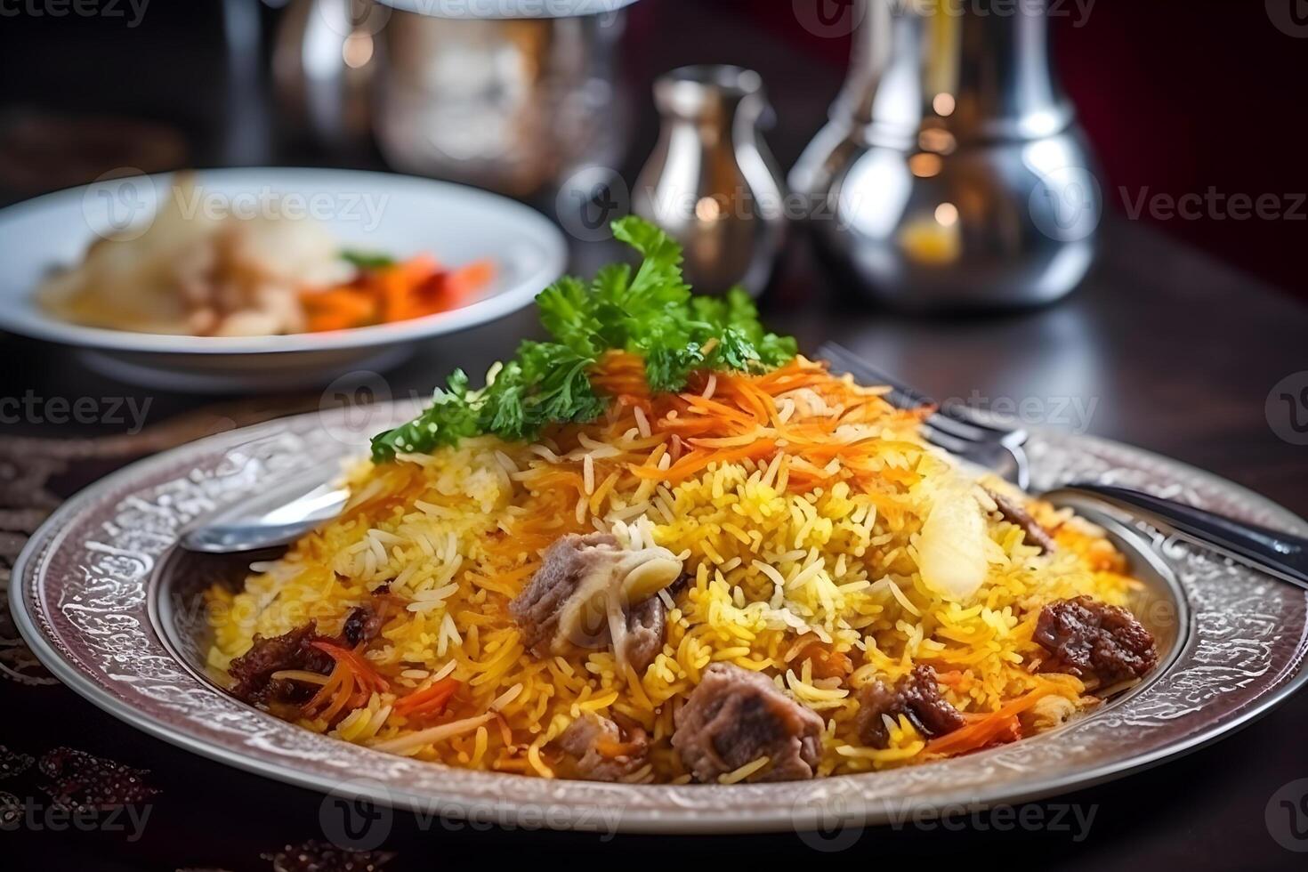 ai genererad plov nationell uzbekistan mat på de tabell av restaraunt foto