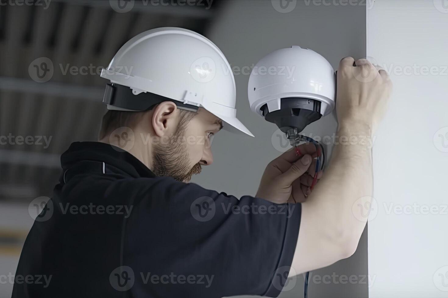 en video övervakning service arbetstagare installerar en kamera. generativ ai foto