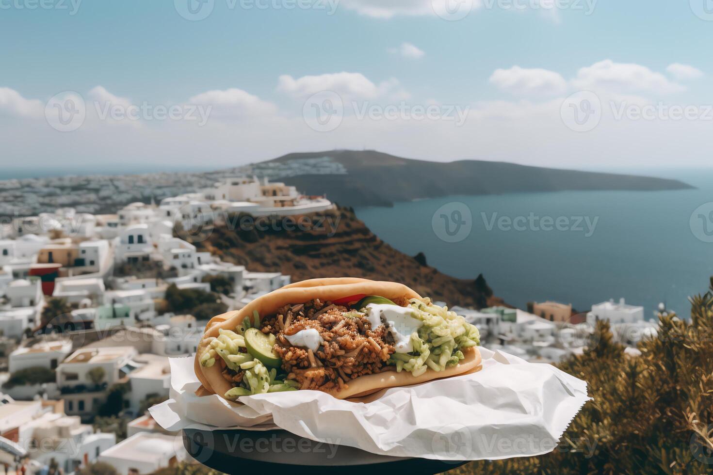 gyros med vit grekisk stad i santorini. ai genererad foto