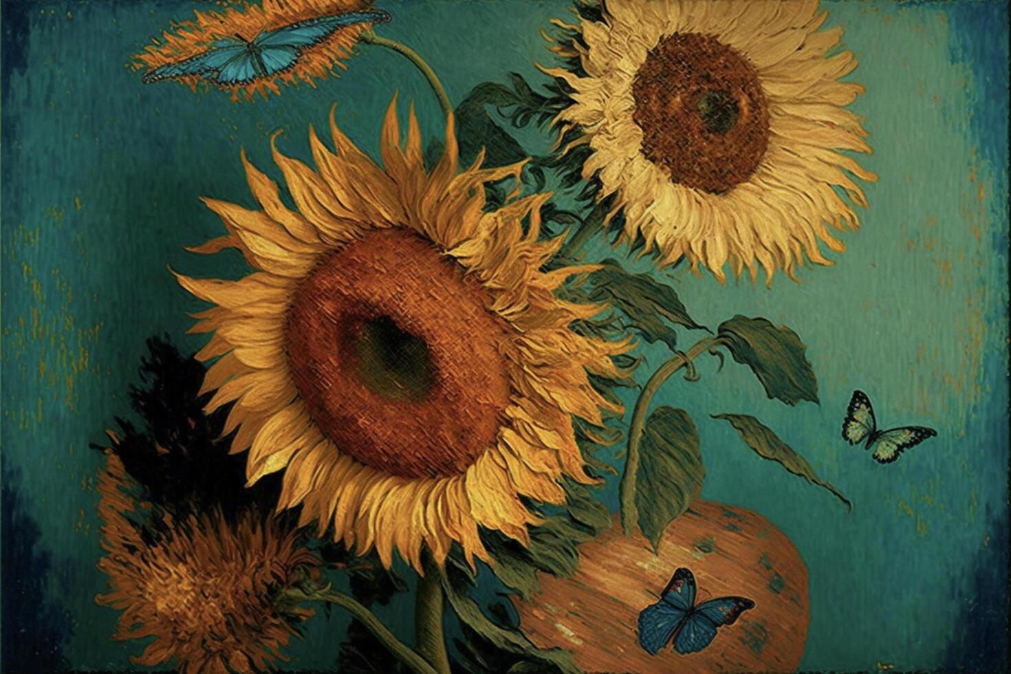 en målning av solrosor och fjärilar i en vas. generativ ai. foto