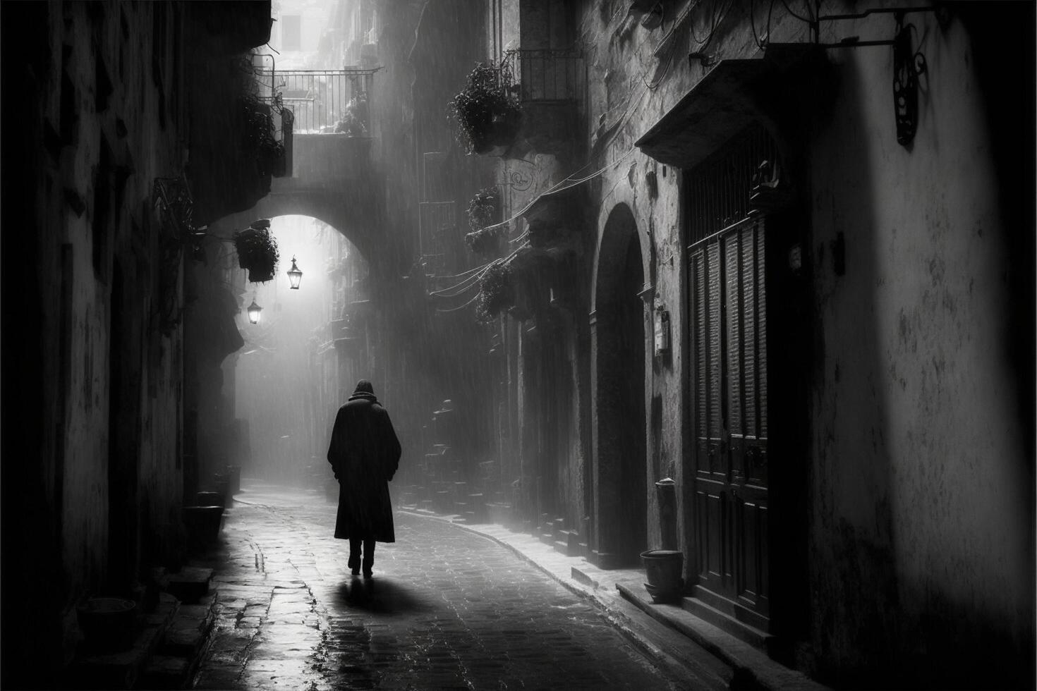 en svart och vit Foto av en person gående ner en gata. generativ ai.