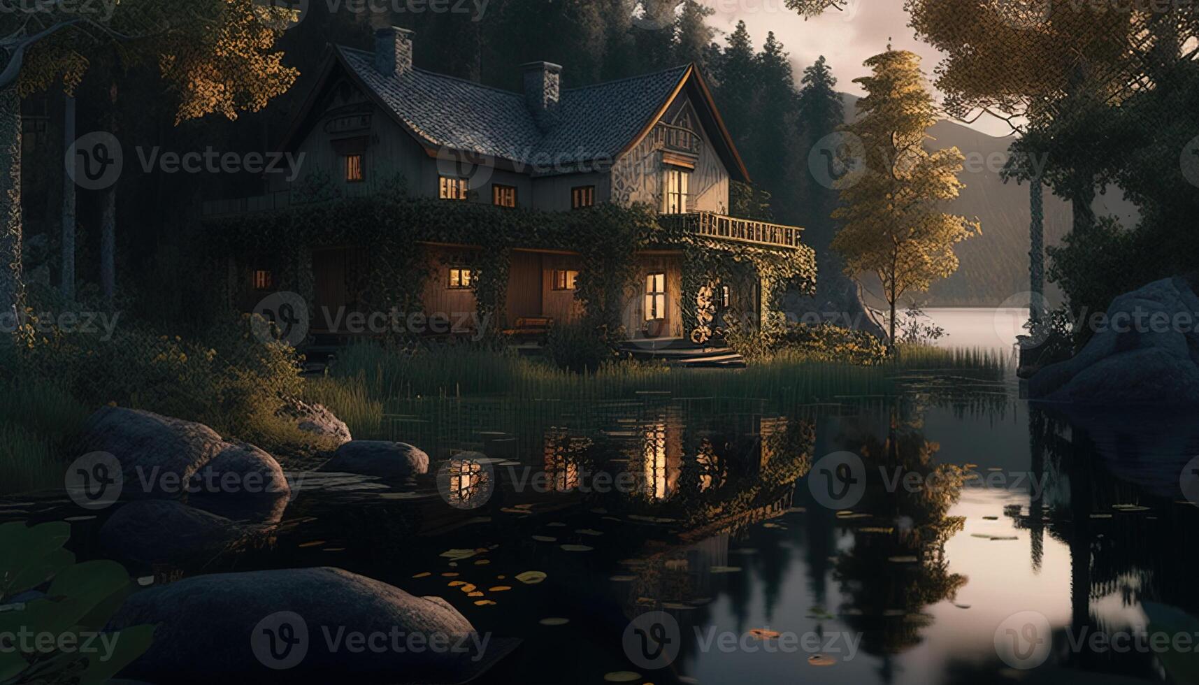 hus nära sjö och skog, digital konst illustration, generativ ai foto