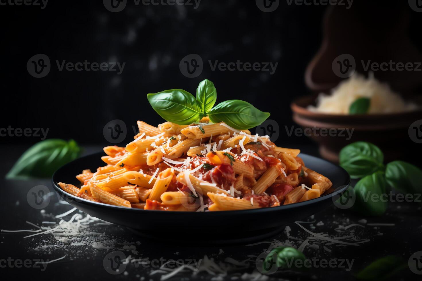 penne pasta med tomat sås, parmesan ost, och basilika på mörk bakgrund. ai genererad foto