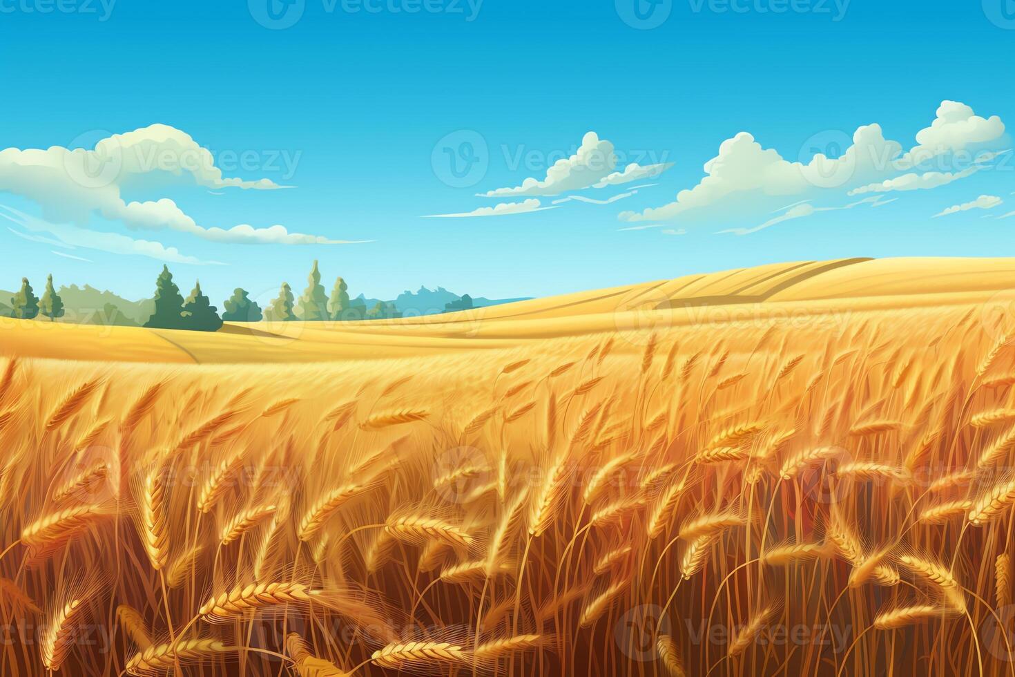 illustration av mogen vete fält mot blå himmel. ai genererad foto