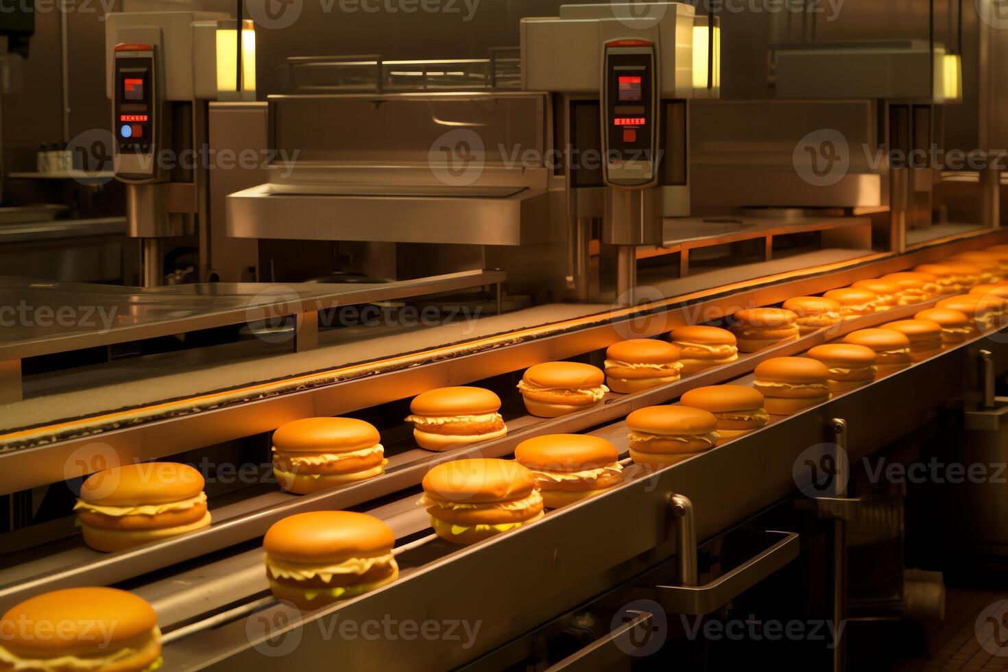 automatiserad snabb mat hamburgare fabrik. ai genererad foto