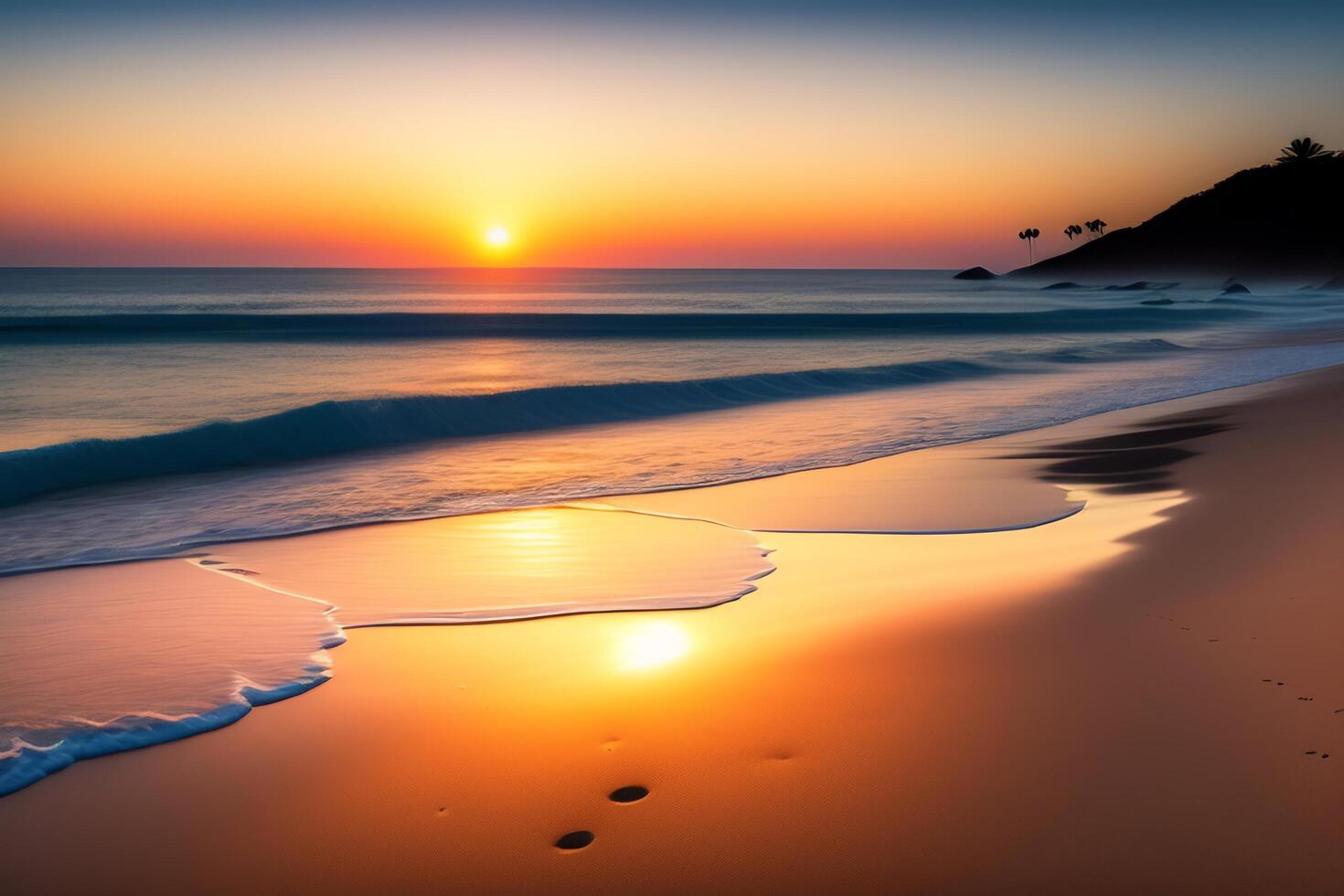 skön solnedgång på de strand. marinmålning med skön himmel. ai genererad foto